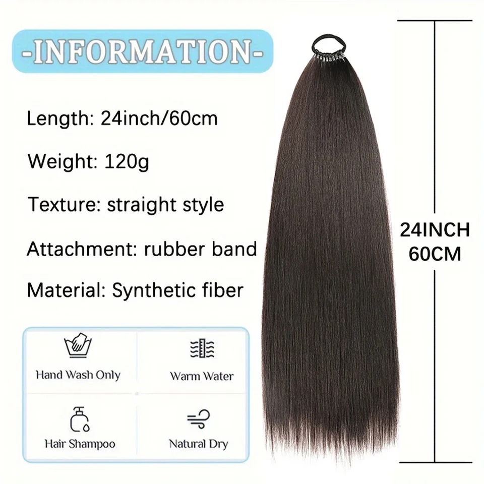 Extensiones de cola de caballo sintética de 24 pulgadas, postizo de cola de caballo trenzado Natural negro, banda de goma larga y recta para mujer