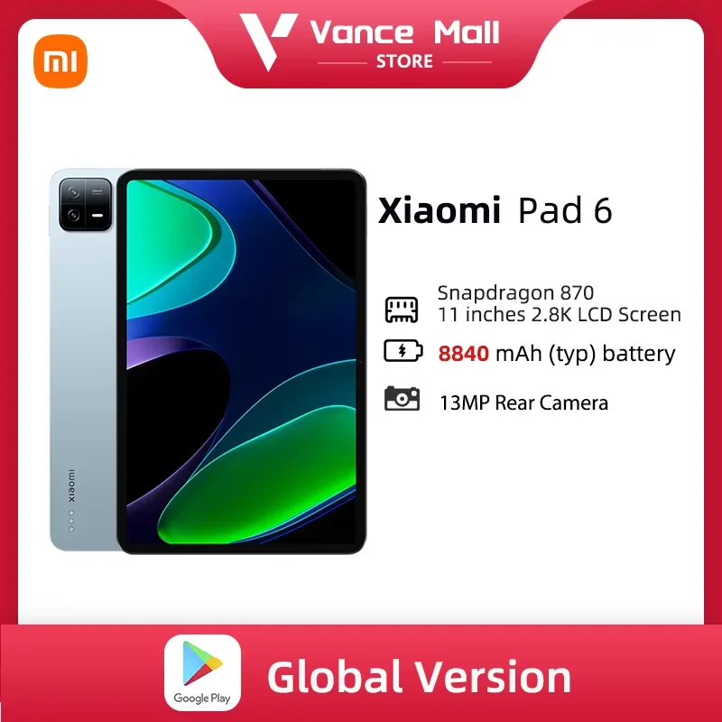 Global Version Xiaomi Mi Pad 6 Tablet Snapdragon 870 11inches 144Hz Display 8840mAh 33W Fast Charger 13MP Rear Camera