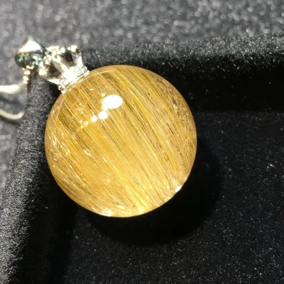 

Natural Gold Rutilated Quartz Round Pendant Necklace 19.6mm Yellow Rutilted Women Men Jewelry AAAAAAA