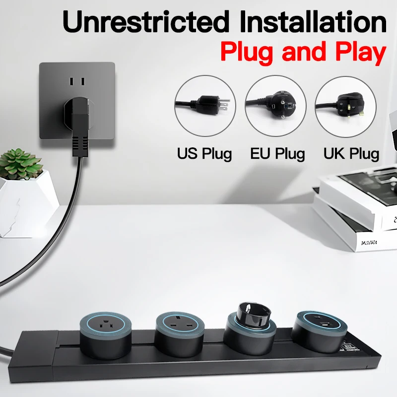 Wall‑Mounted Power Track Outlet Rail, Modular Sliding Socket Strip with USB‑C, US/EU/UK Adapters, Grey/Black, For Office Home