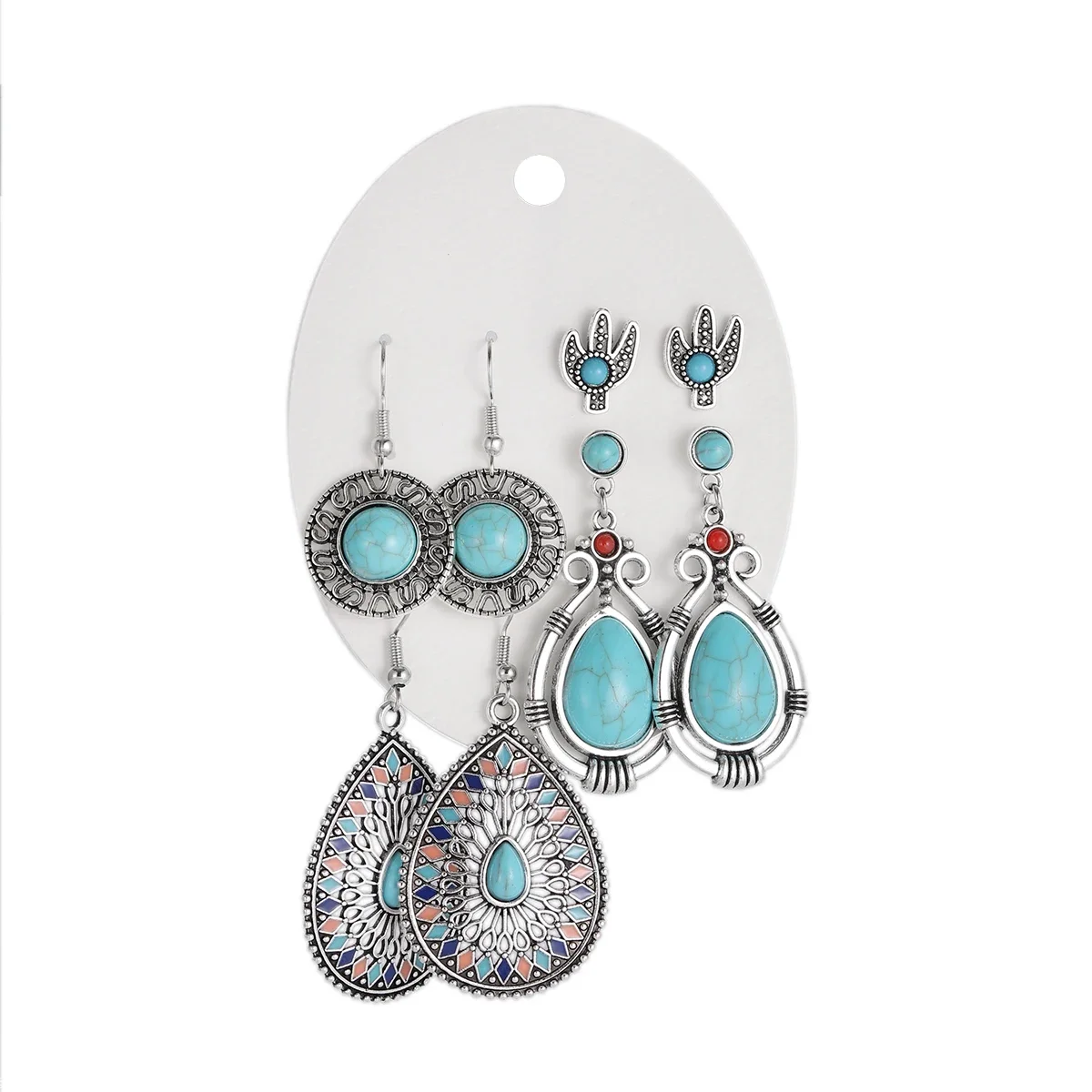 12 نمط بوهو ريترو الأزرق حجر طقم من الحلقان المرأة العرقية هندسية يترك جولة أقراط فضية اللون 2025 مجوهرات جديدة بيجو #3