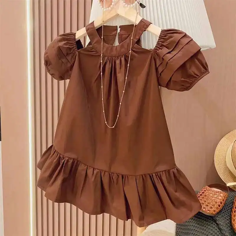 

Summer New Product Kids Clothes Shoulder Leakage Bubble Sleeves Solid Color Sg Collar Princess Pure Cotton Dress