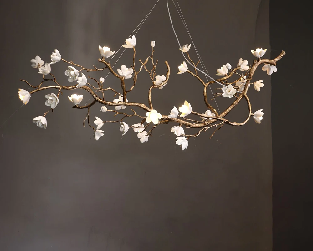 New Italian Light Luxury Ceramic All Copper Branch Living Room Ceiling Light Hotel Restaurant Sales Department Staircase Light