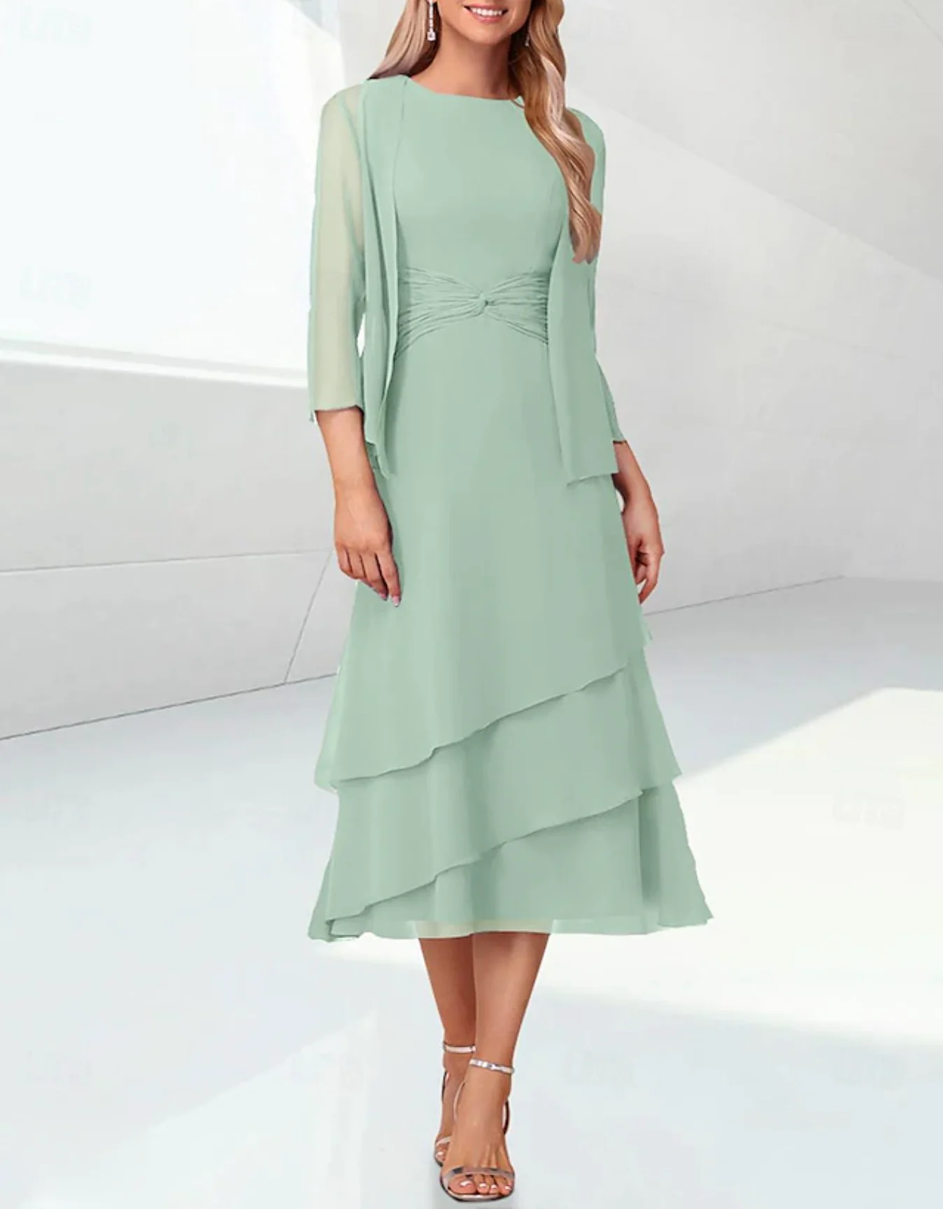 

Mother of the Bride Dress Elegant Tea Length Chiffon 3/4 Length Sleeve Wrap Included with Ruching 2024