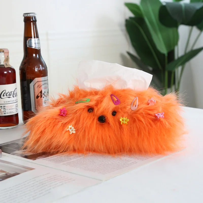 

Cute Long-haired Dog Fluffy Tissue Box Heart Knitting Thread Napkin Holder Tissue Bag Bedroom Kitchen Desktop Storage Napkins
