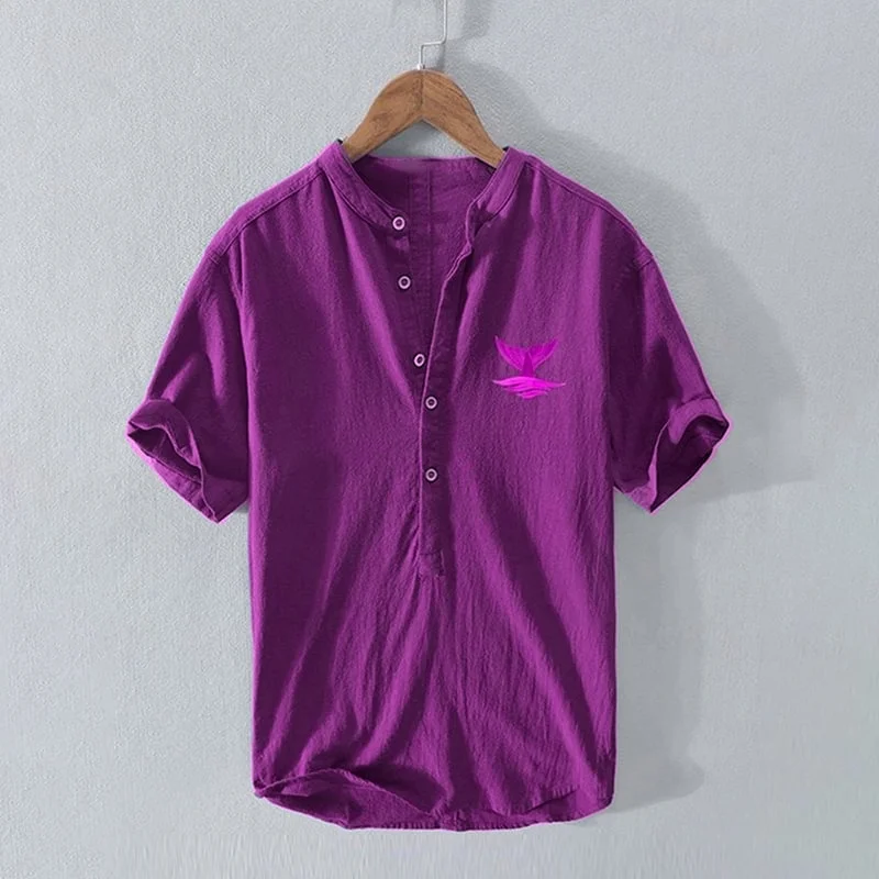 Men's Japanese Art Linen Blend Fashion Shirt Loose V-Neck Button Short Sleeve Printed Top Camisas Acogedoras Ropa De Hombre