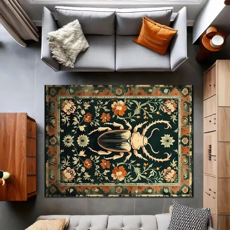 Vintage Botanical Beetle Floral Pattern Flannel Rug Retro Art Floor Mat for Living Room Bedroom Home Decor Area Carpet