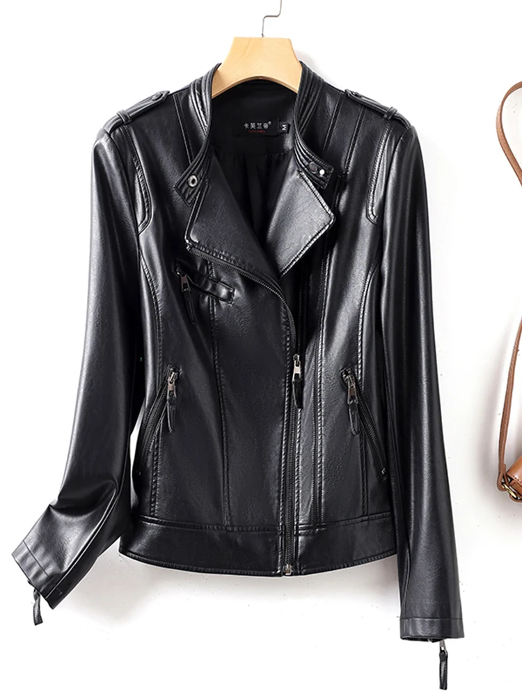   Jaqueta Feminina de Couro Genuíno Ning, Modelo Slim de Pele de Carneiro, Nova Coleção Primavera Outono, Tamanho Pequeno, Estilo Motociclista