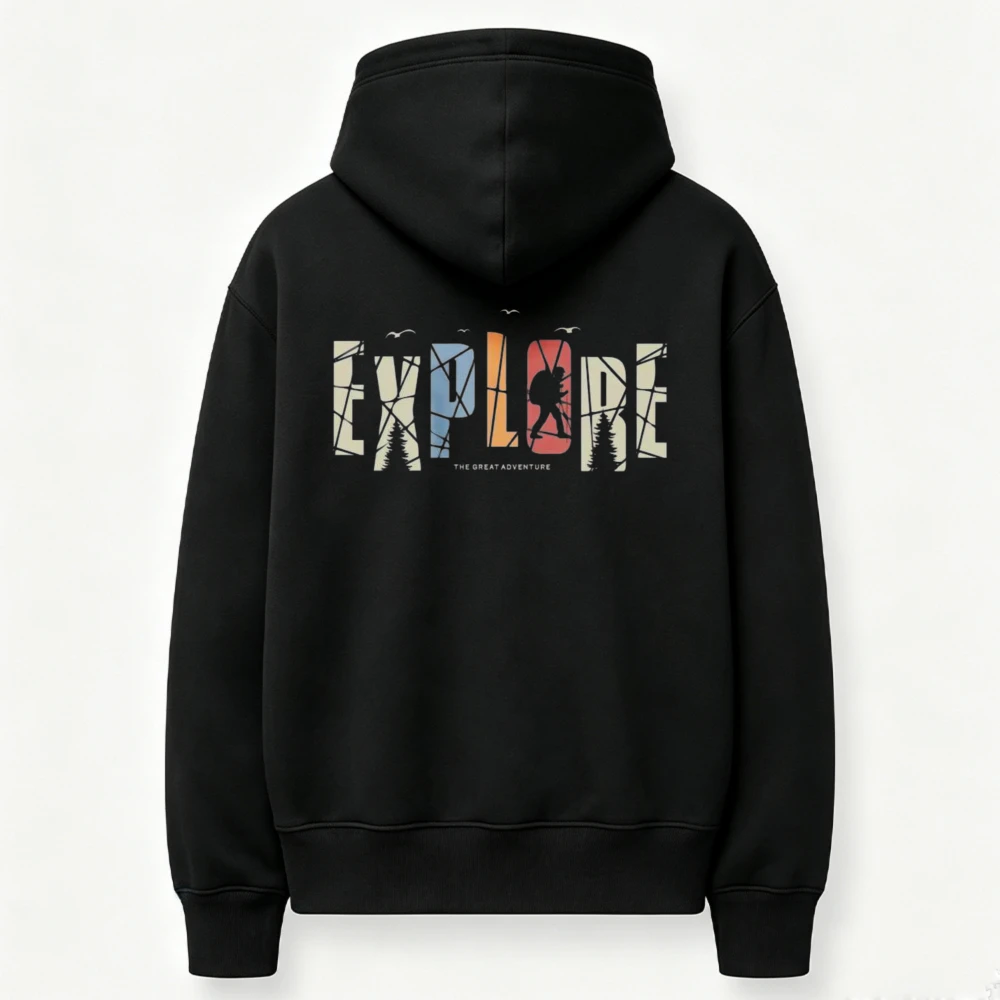Explore Hiker Silhouette Retro Letter Graphic Hoodie Front Sweatshirt Outdoor Adventure Wilderness Camping Hiking Casual Hooded