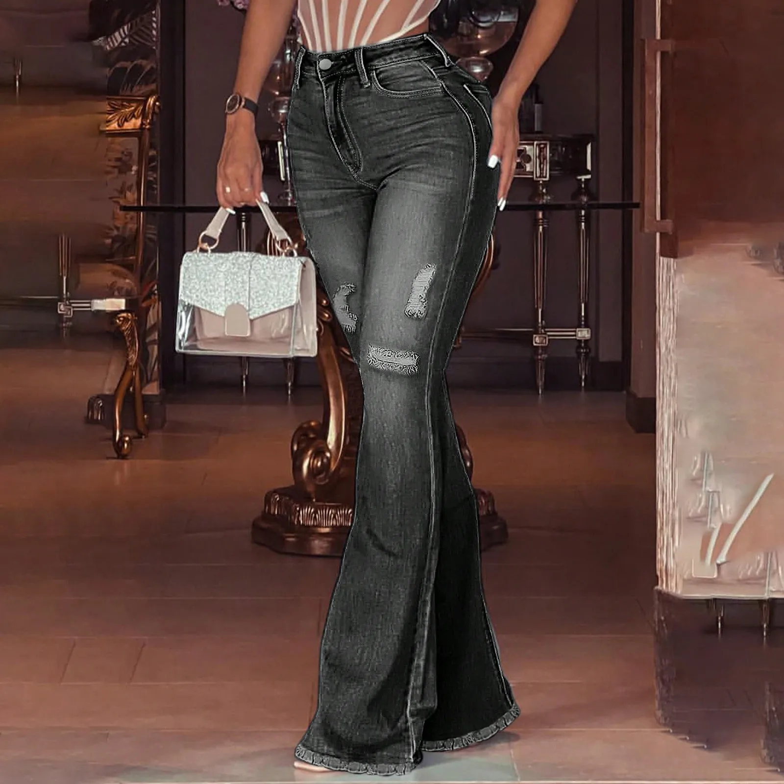 Damskie spodnie jeansowe retro z rozszerzanymi nogawkami, modne, z wysokim stanem, wyszczuplające, seksowne, z dziurami, styl streetwear, do noszenia na co dzień, pasujące do różnych stylizacji.