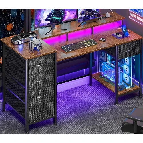 

47 Inch Home Office Gaming Computer Desk with Power Outlets, Reversible Monitor Stand, 5 Fabric Drawers and LED Lights