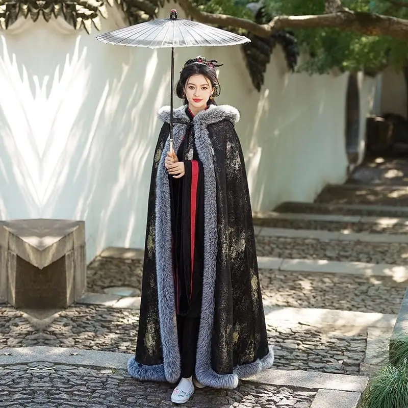 Hanfu Cape with Fleece Thickened Winter Chinese-style Ancient Costume Cape Long Imposing Men's Women's Same Coat Taking Photos