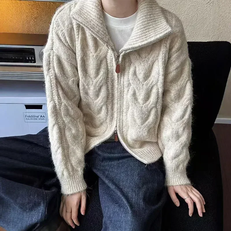 

Autumn Winter New Style Casual Fashion Outerwear Loose Long Sleeve Zipper Knitted Cardigan Women's Stand Collar Sweater