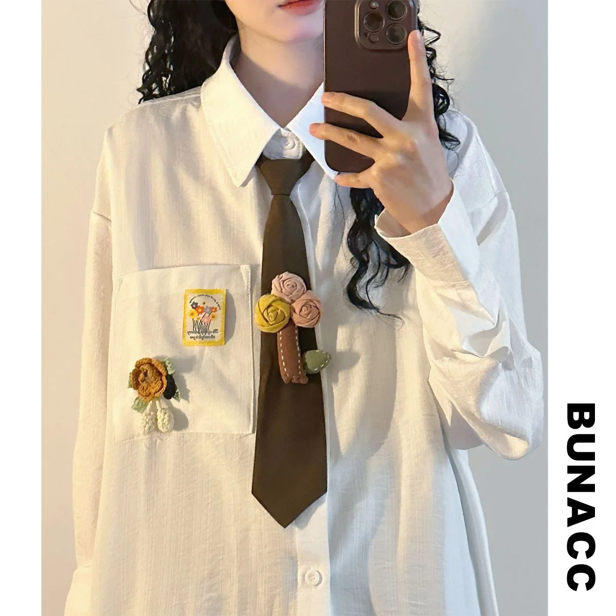 

Ретро-рубашка с цветочной вышивкой и длинным рукавом, с завязками, свободного кроя, весна 2026, повседневная одежда, воротник на пуговицах