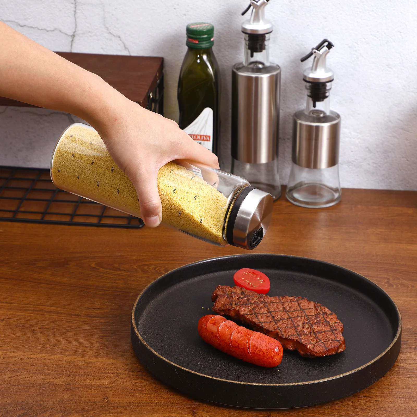 

Rotary Seasoning Jar Glass 500ml Stainless Steel Pepper Container for Kitchen Home Bbq Restaurant Pepper Container
