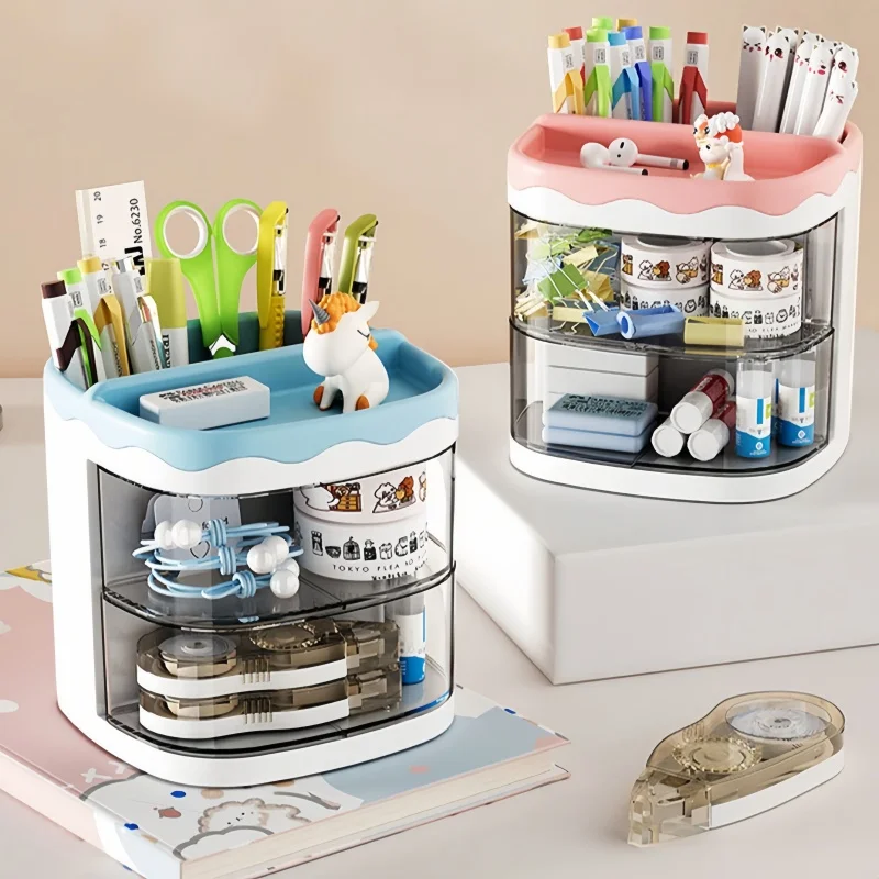 Large Capacity Rotating Desk Organizer with Drawers, Multi Compartment Pen Holder for School Supplies,Office Tools,and Cosmetics view 3