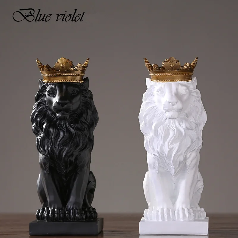 Modern Resin Animal Statue, Golden Crown, Black Lion Figurine, Home Decoration Accessories, Living Room Desk Decor