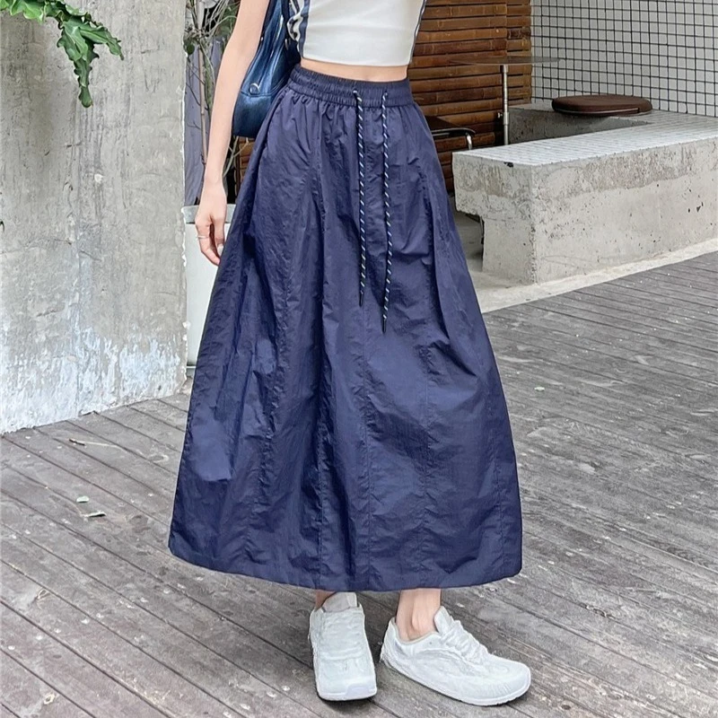 

Summer High Waist Washed Cotton Women's Cargo Skirts 2025 New Vintage Lace-up Casual Loose Straight A-line Skirts Female
