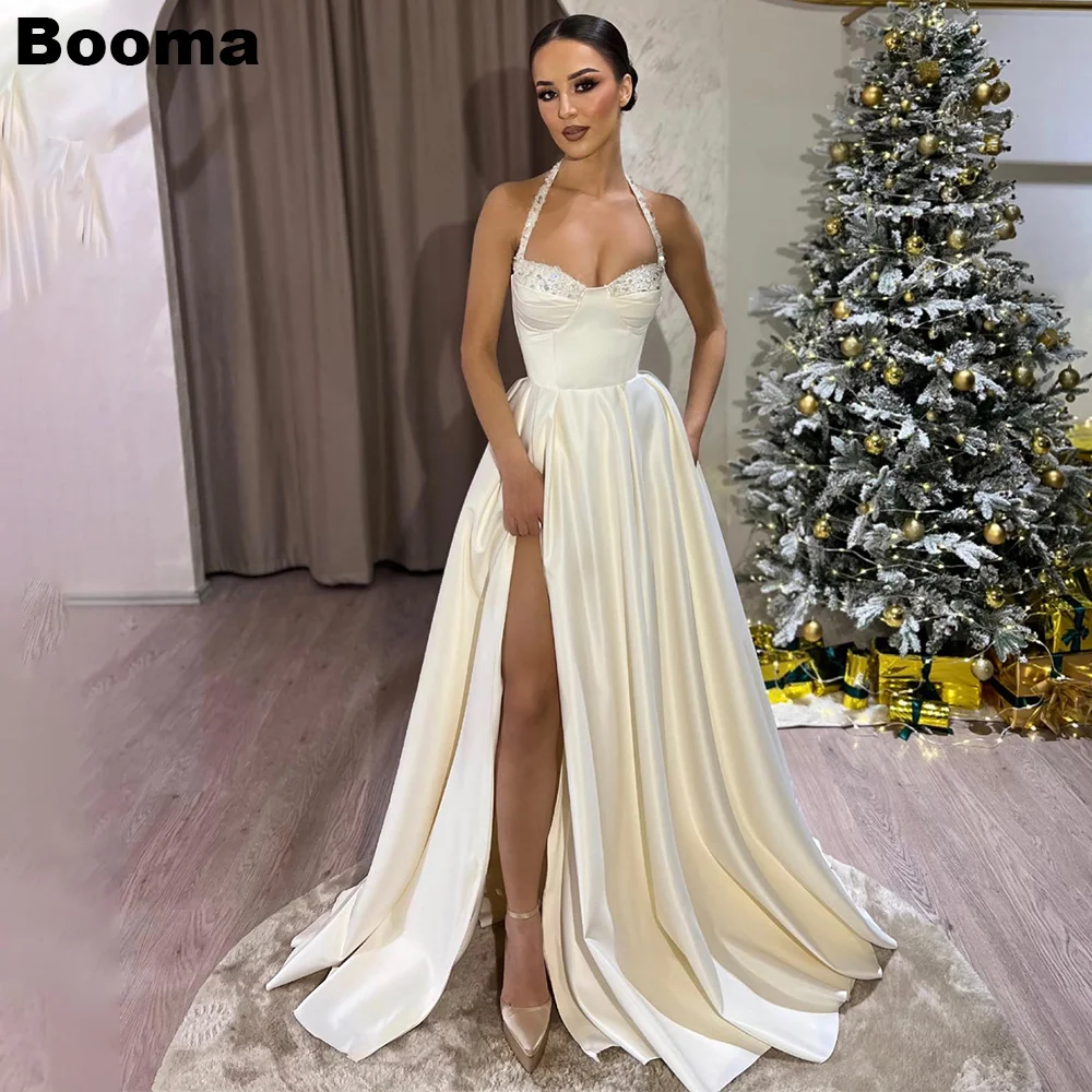 

Booma Elegant A-Line Evening Dresses Sweetheart Stain Beading Prom Gowns High Side Slit Pleats Formal Party Gowns for Women