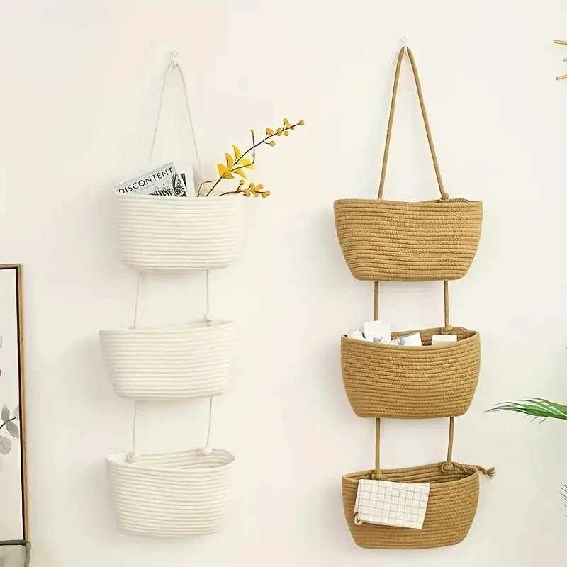 

3-tier Boho Woven Hanging Storage Bags, Durable Wall Mounted Baskets For Toiletry, Cosmetic, Books, Sundries, Household Storage