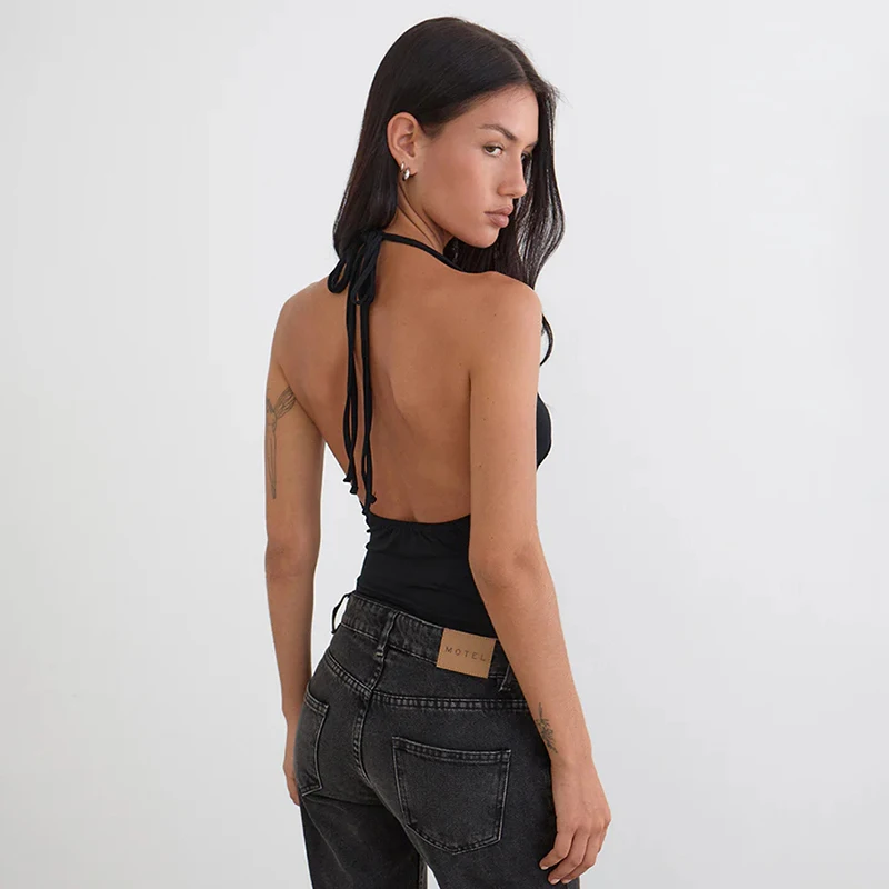 Solid Color Hanging Neck Rivets Exposed Back Pullover Vest Top - Unique Design Suspender Style for Fashionable Comfort