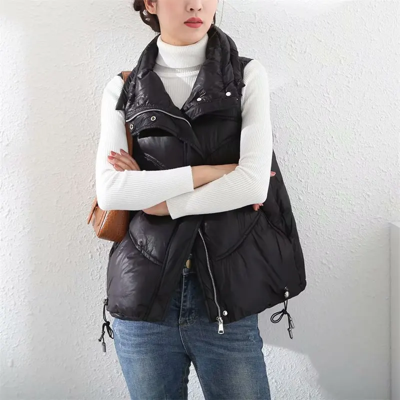 2024 Women Autumn Winter Vest Coat Black Stand Collar 90% White Duck Down Female Tops Vest Chaleco Mujer Gilet Casaco Feminino