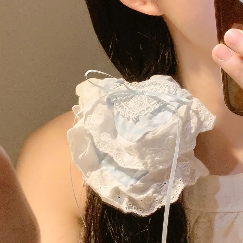 

Женская резинка для волос, синяя повязка на голову, корейские женские большие аксессуары для волос, милый стиль, милые резинки для волос, клетчатый бант, кружевной квадратный шарф