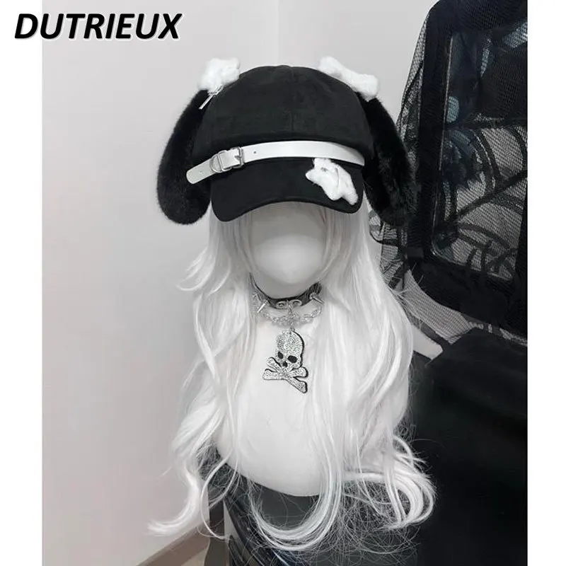 Japanese Style Y2k Original Black Puppy Ears Subculture Beret Caps Versatile Sweet Cute Kawaii Girl Personality Hats Bonnet