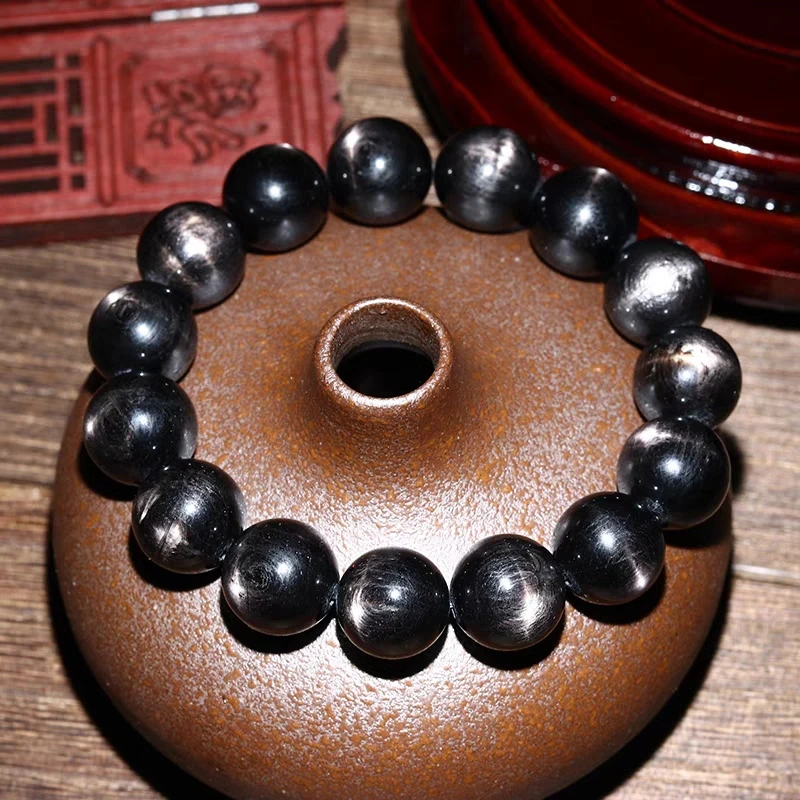 Natural Black Hypersthene Flash Bracelet Jewelry Women Men Egypt Gold Lucky Hypersthene Round Beads  8mm 10mm 12mm AAAAA