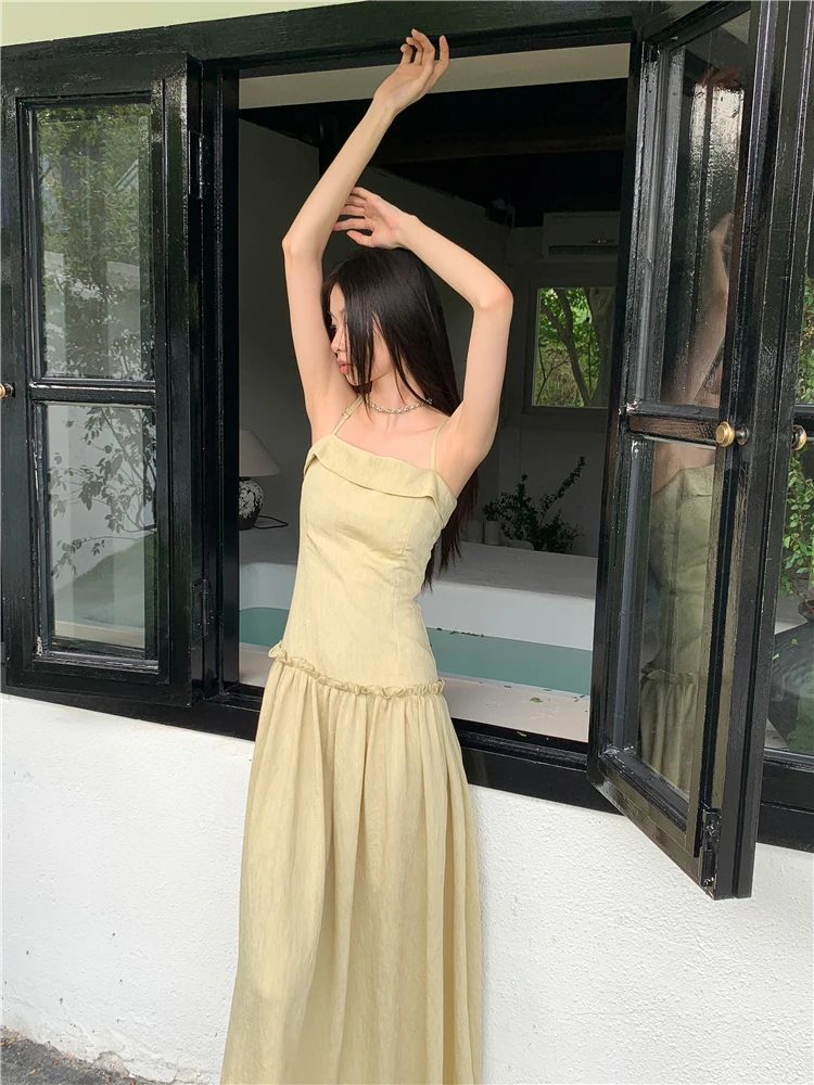 CHEERART Yellow Backless Long Dresses 2024 Women Summer Sundress Tunics A Line Casual Vacation Midi Slip Dress