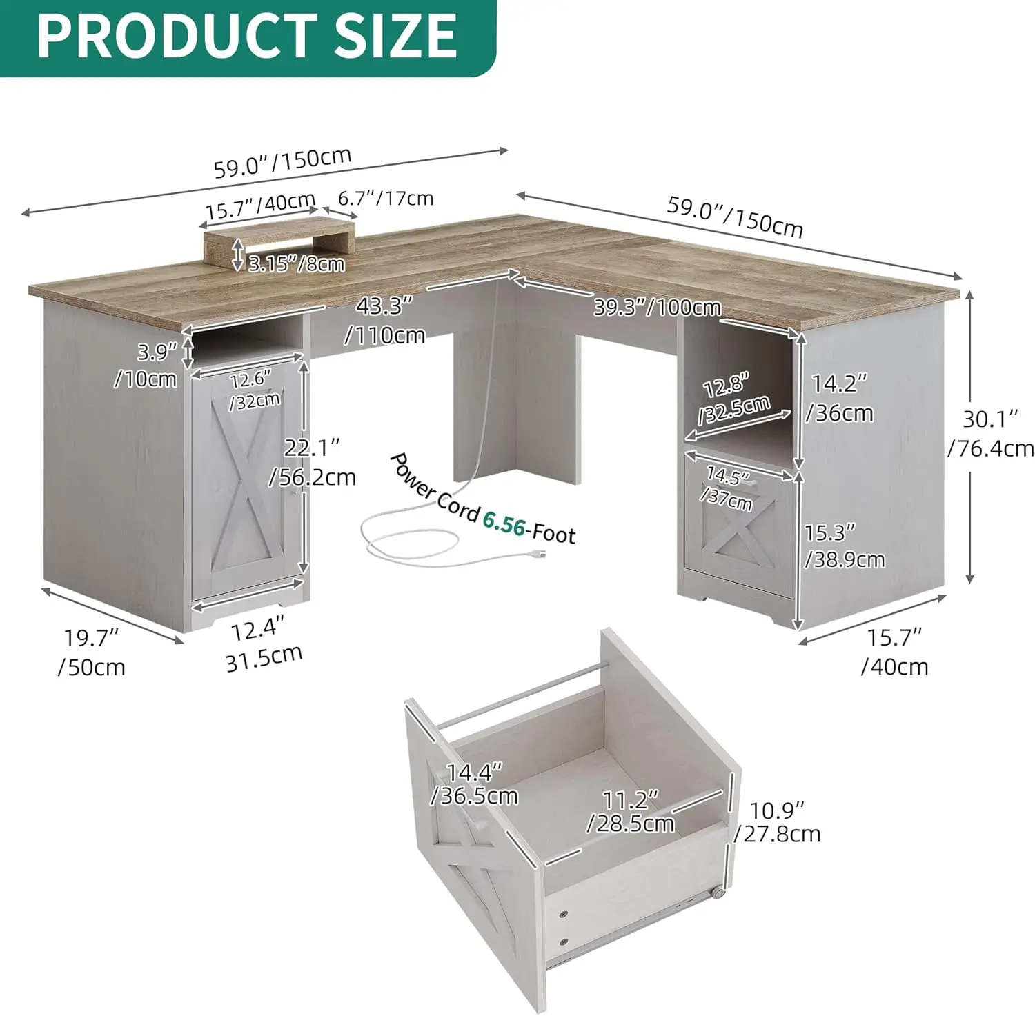 L Shaped Desk with File Drawer, 60