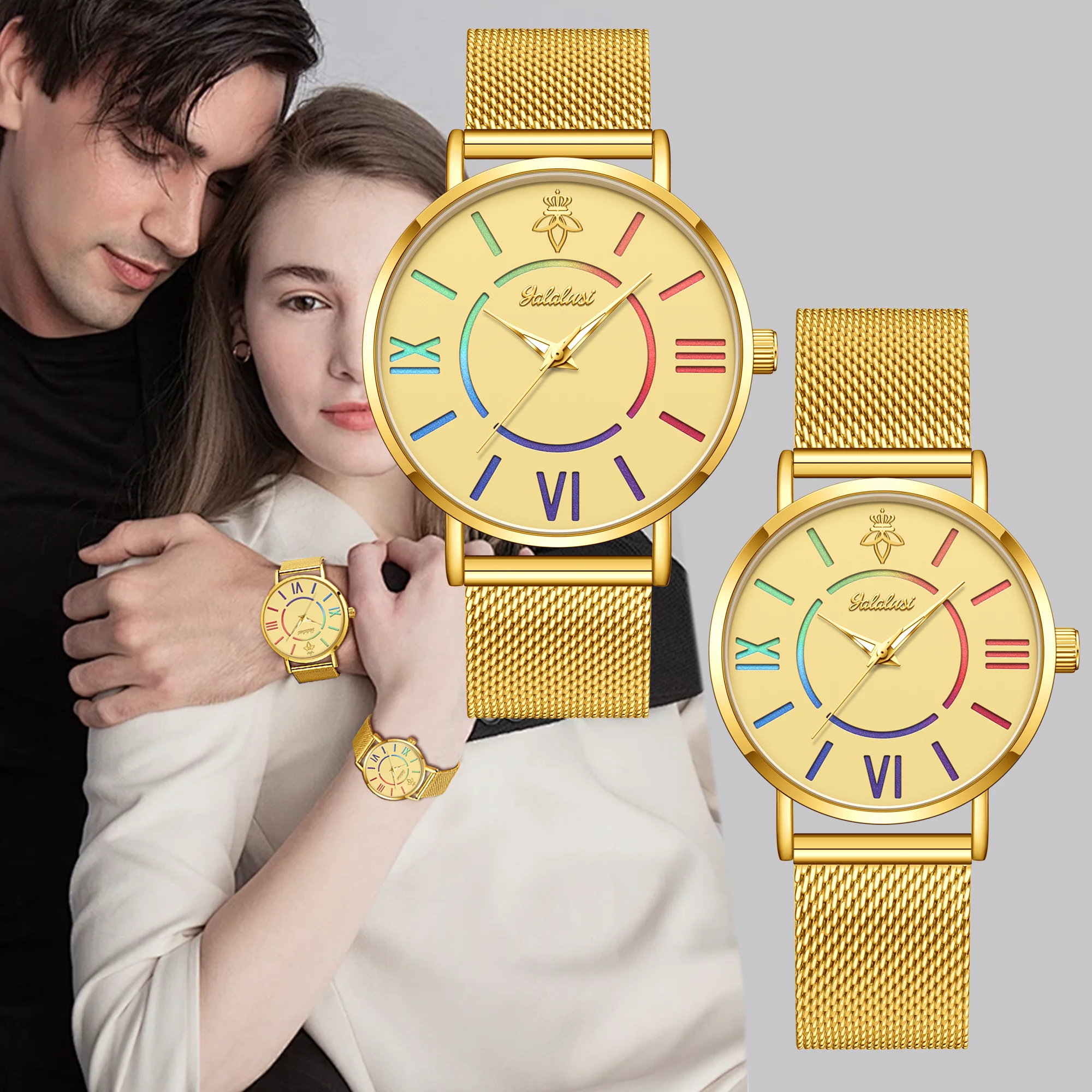 YaLaLuSi Rainbow Roman Numeral Men’s and Women’s Watches with Steel Straps – Quartz Wristwatches – Couples’ Watches – Gifts