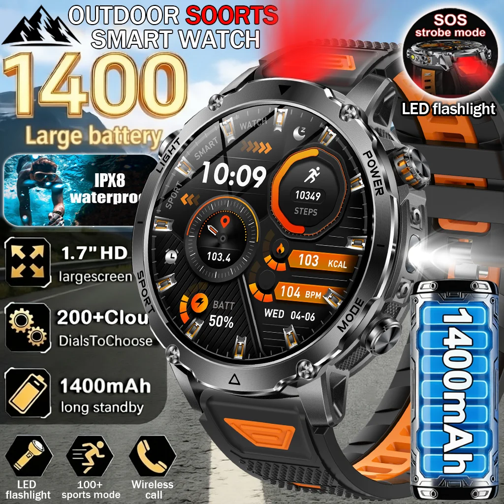 2026New Military Sports Smart Watch Men 1400mAh Battery 1.7