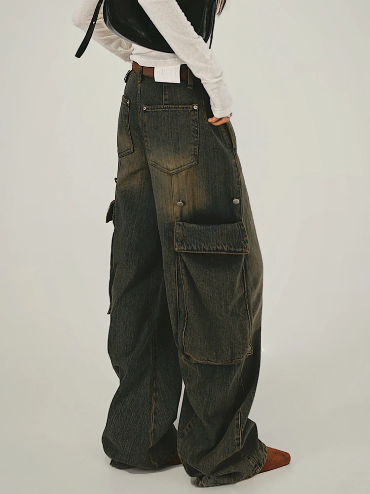 Rockmore Vintage Cargo Jeans Streetwear Big Pocket Baggy Straight Pants Women Y2K Low Waist Wide Leg Denim Trousers 90s Vintage