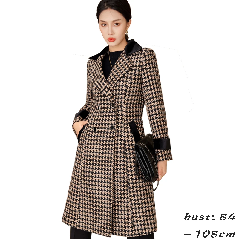 

High quality wool blend long trench coat for women double breasted new winter 2024 elegant clothes - black beige plaid