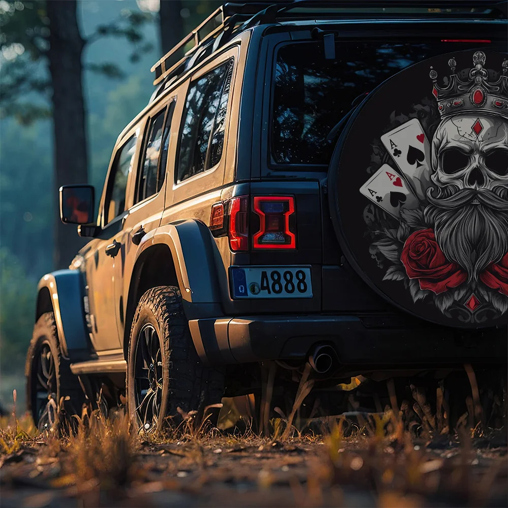 1pc Skeleton King Poker Design Tire Cover - Gothic Crown & Roses Artwork, Durable Polyester Wheel Protector Water Dust Resistant