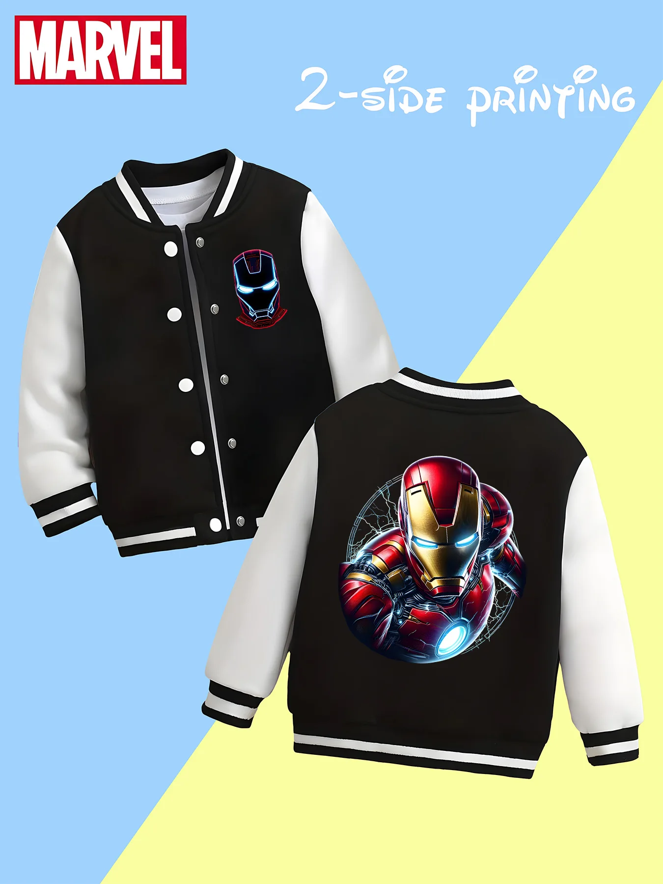 

MINISO Marvel Iron Man Power Suit Kids Baseball Jacket - Trendy black and white, soft and skin-friendly fabric, autumn and winte
