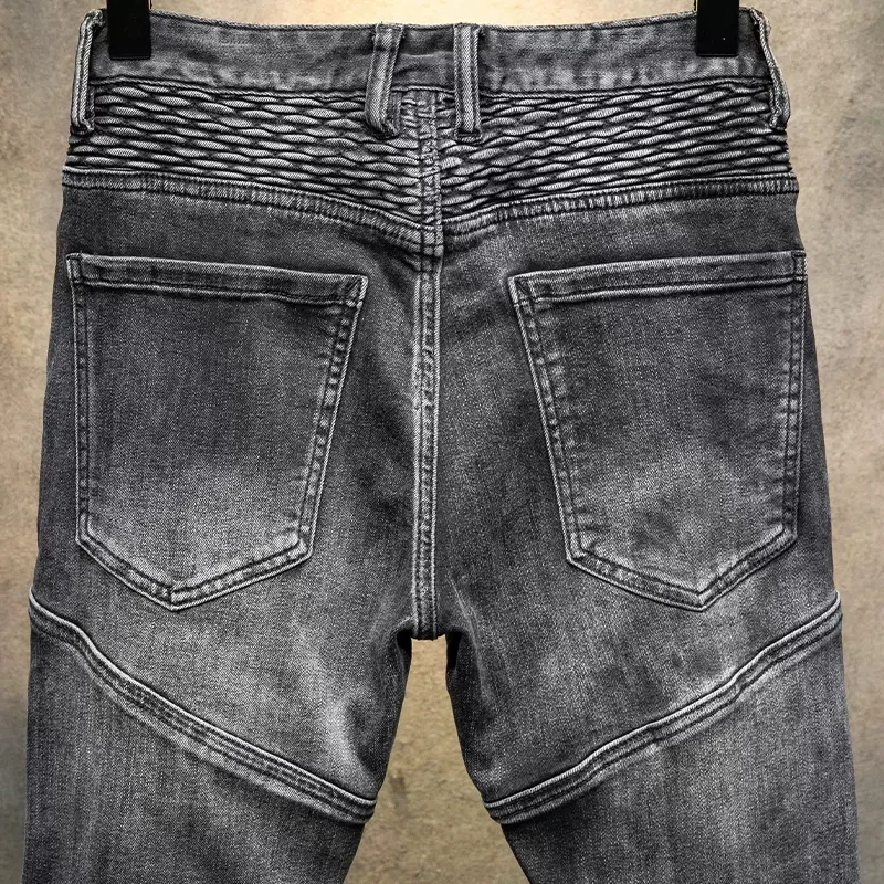 High Street Fashion Men Jeans Retro Black Gray Stretch Elastic Skinny Biker Jeans Men Spliced Patched Designer Hip Hop Pants