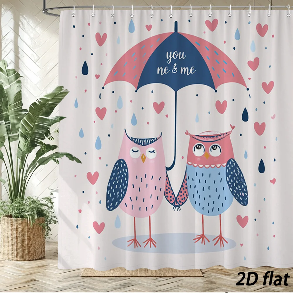 Cute Owl Love Shower Curtain – You & Me Umbrella Hearts Design, 2D Flat Polyester Bathroom Decor, 70.8x70.8 inch, 12 Hooks