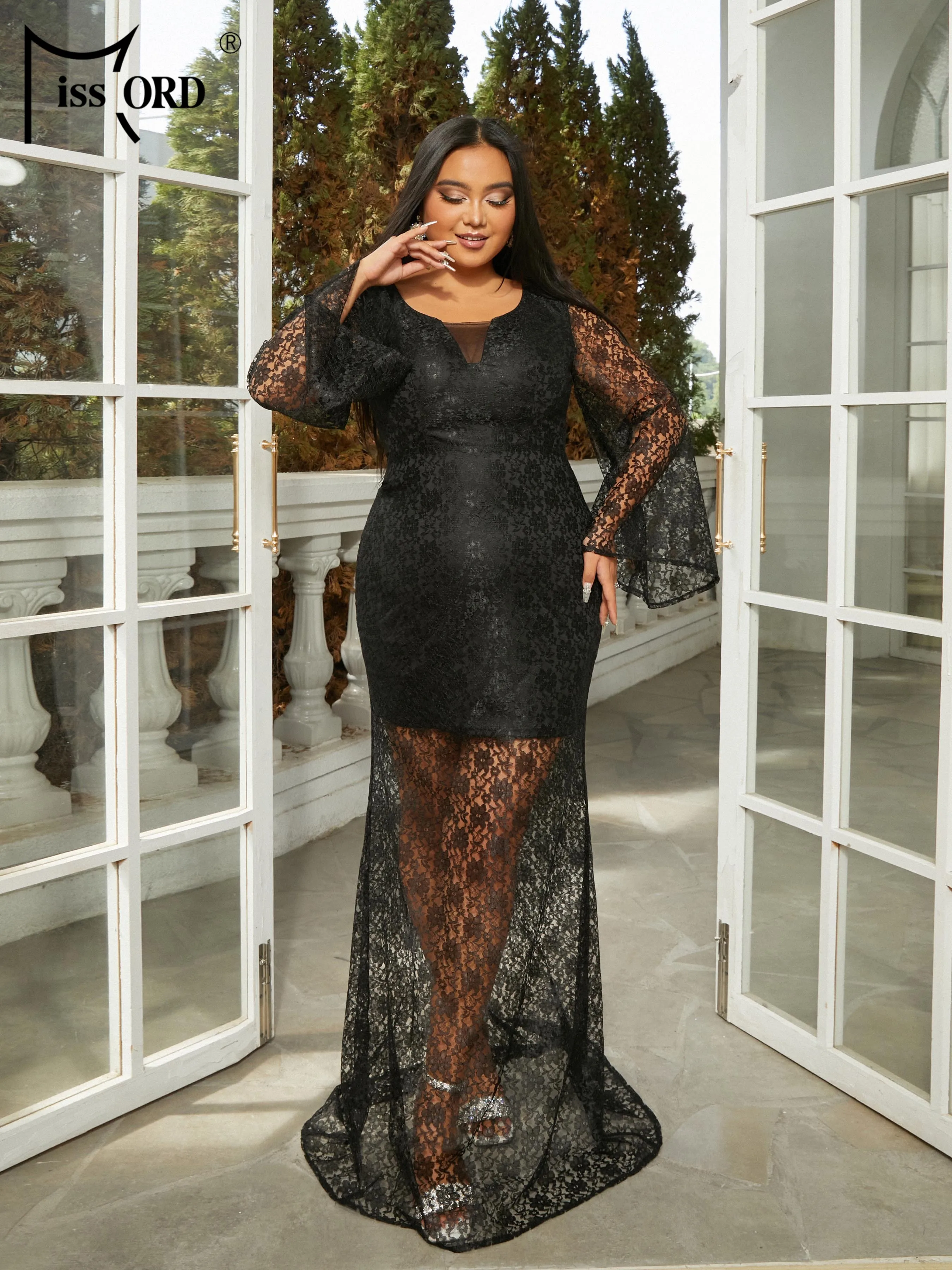 Missord 2024 New Plus Size Round Neck Flare Sleeve Black Mesh Prom Birthday Party Dress