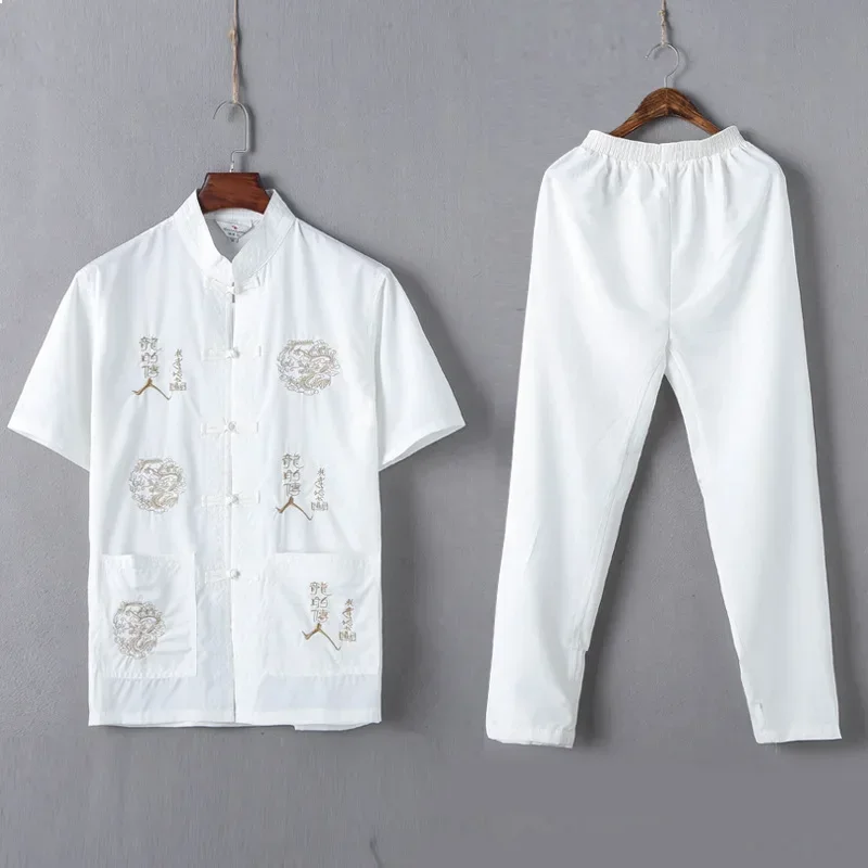 

Casual Mandarin Collar Short Sleeve Shirt&Pant For Men Oriental Male Dragon Tang Suit Chinese Traditional Kung Fu Clothing