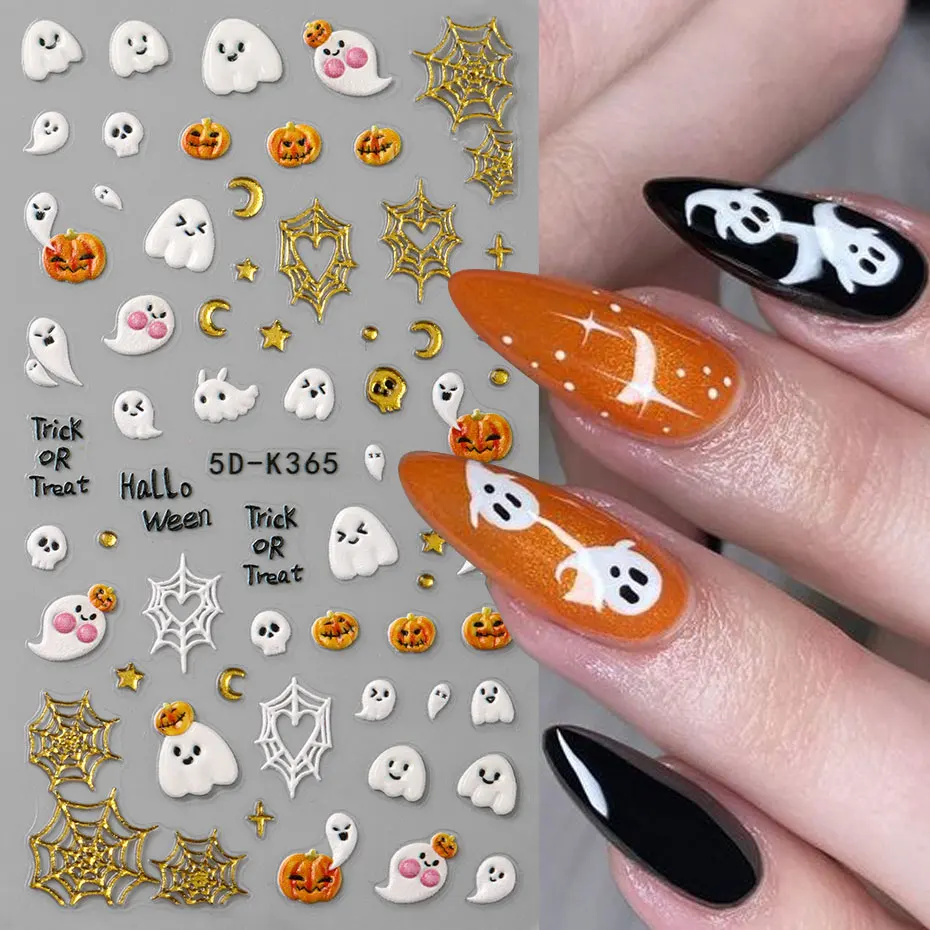 1/2個入り 可愛い黒猫＆パンプキンネイルスライダー 5Dエンボス加工 漫画ゴーストスパイダーの足 ネイルチャーム ホイル ハロウィン DIY 韓国ネイルパーツ