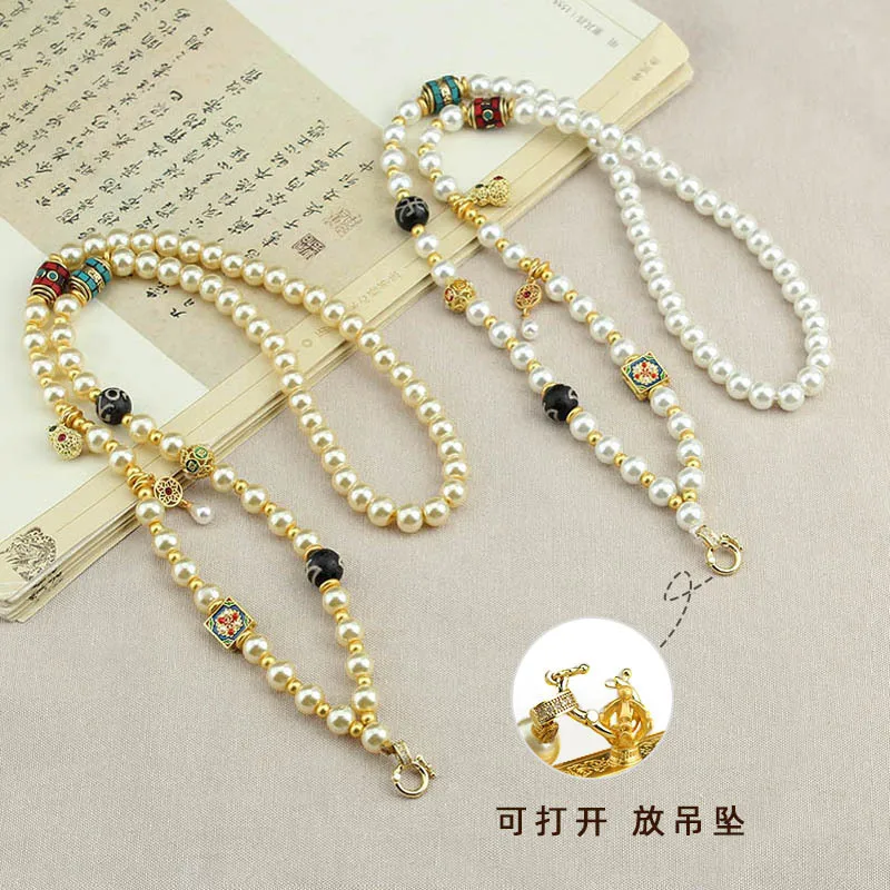 

DIY accessories National style long sweater chain imitation pearl beaded thangka necklace rope gourd hanging Zakiram bead chain