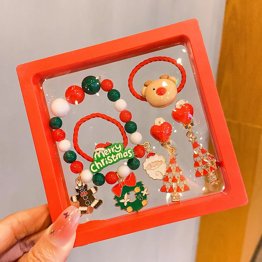 5 pezzi braccialetto per bambini anello orecchino set Babbo Natale alce ragazze regalo festa anello orecchio clip gioielli per bambini