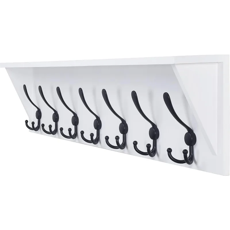 

Coat Rack Wall Mounted Shelf with 7 Tri Hooks 35” Heavy Duty Wood Entryway Shelf with Hooks, Coat Hanger Shelf, White