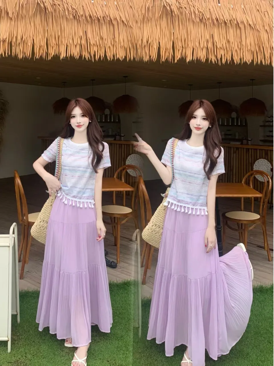 

plus Size Fashionable Summer Outfit Lace Stripe Short Sleeve T-Shirt Top Half Skirt Two Piece Set Breathable Loose Fit round ...