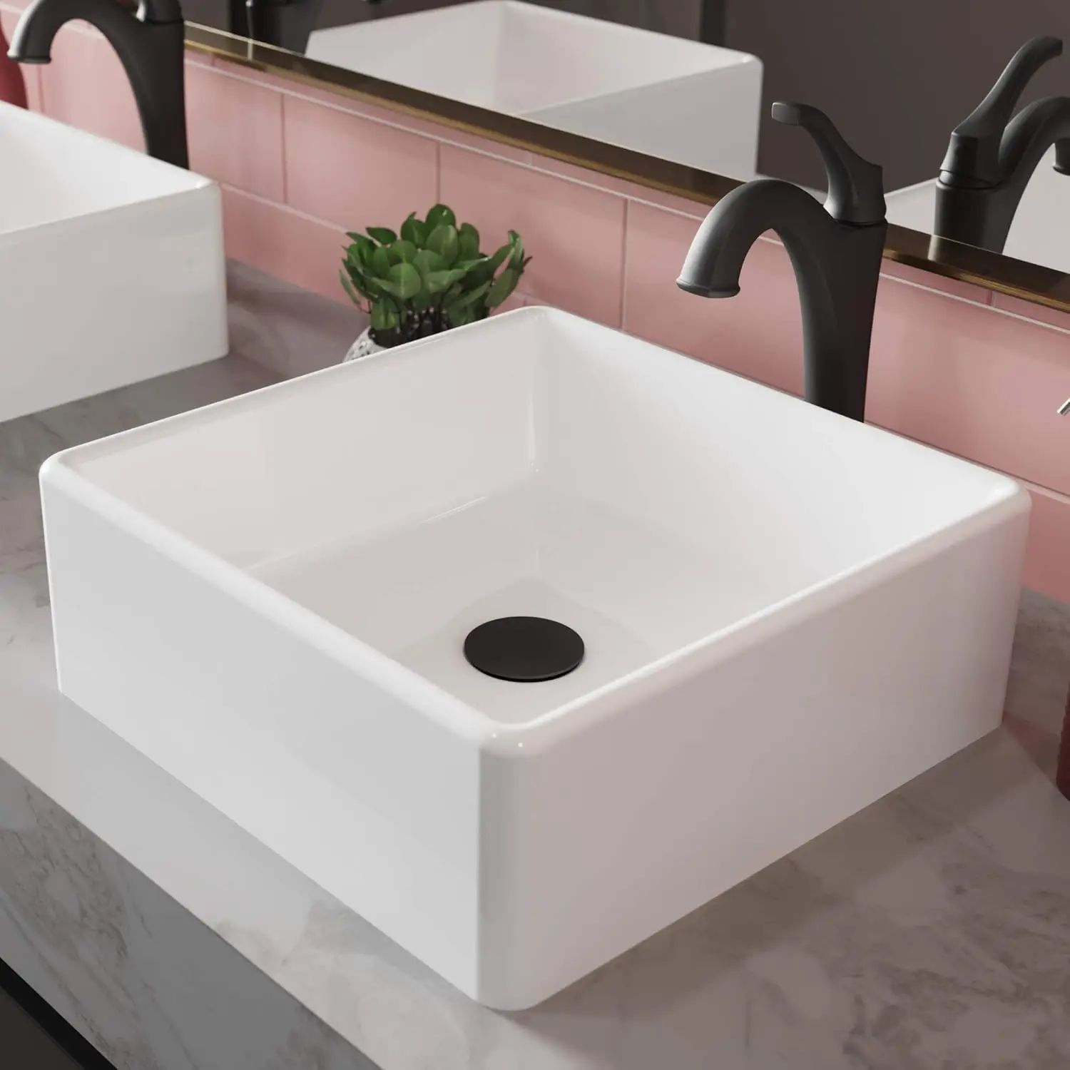 15-inch Square White Porcelain Ceramic Bathroom Vessel Sink and Matte Black Arlo Faucet Combo Set with Pop-Up Drain