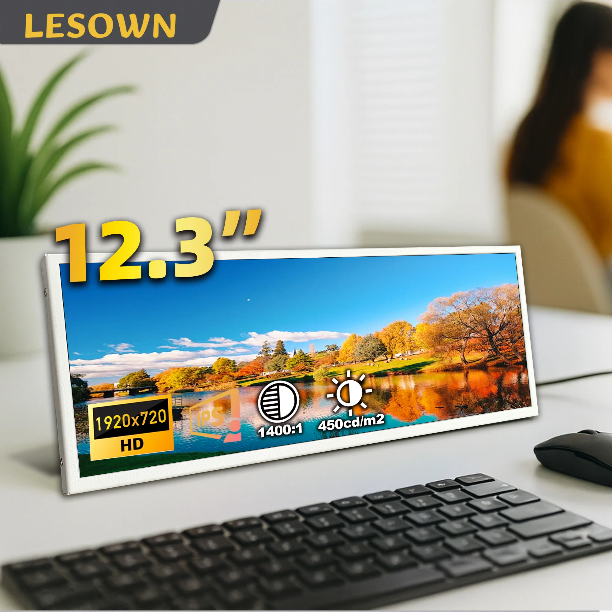 

Портативный монитор LESOWN 12.3 дюйма с вытянутым экраном 1920x720 IPS LCD, решение с одним кабелем HDMI, панель датчиков AIDA64 для ПК