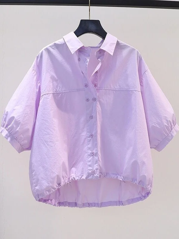 

Unique Drawstring Single Button Shirt Women's Short Sleeve Loose Belly Covering Slimming Summer New Style Versatile Anti-Agin...