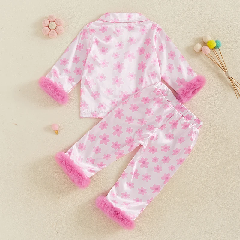 Conjunto de pijamas de 2 peças para bebês meninas, dia dos namorados, estampa floral, pelúcia, manga comprida, tops com calças, cetim, outono, roupa de dormir para crianças pequenas